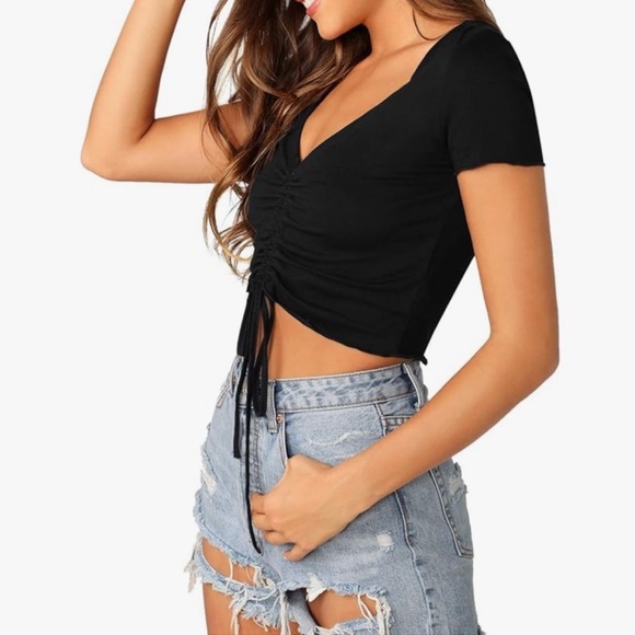 🏰🆕🩷SHE + SKY: MISTY ROSE Rib Knit Drawstring Ruched Front Top LARGE - Picture 3 of 10